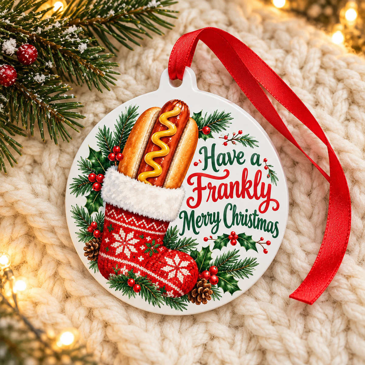 Have a Frankly Merry Christmas Hot Dog Ornament – Funny Food Stocking Gift — cozy cream blanket lifestyle