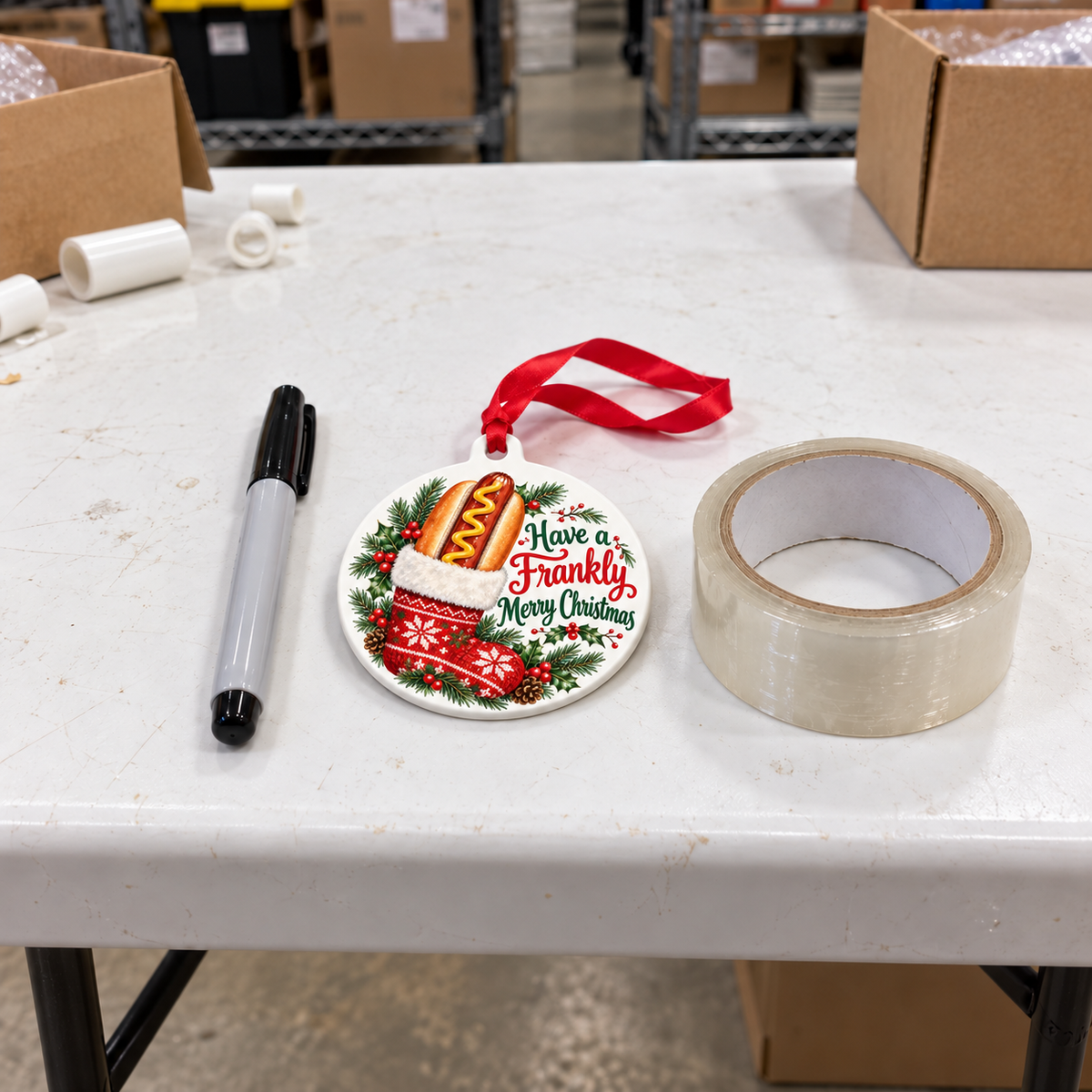 Have a Frankly Merry Christmas Hot Dog Ornament – Funny Food Stocking Gift — realistic 4-inch scale on thick white warehouse folding table