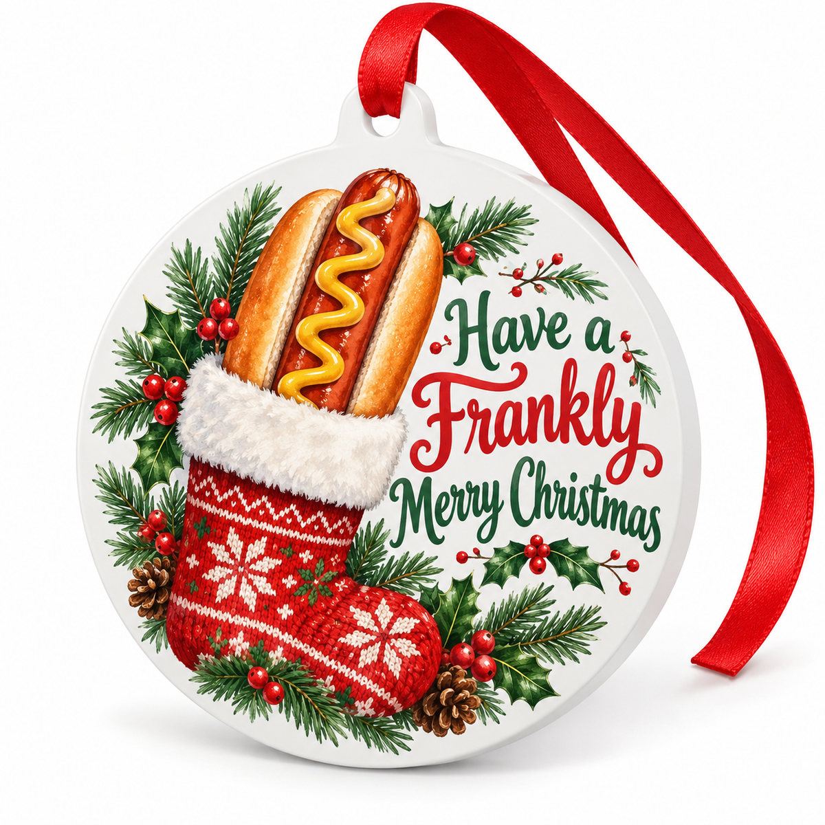 Have a Frankly Merry Christmas Hot Dog Ornament – Funny Food Stocking Gift — white background