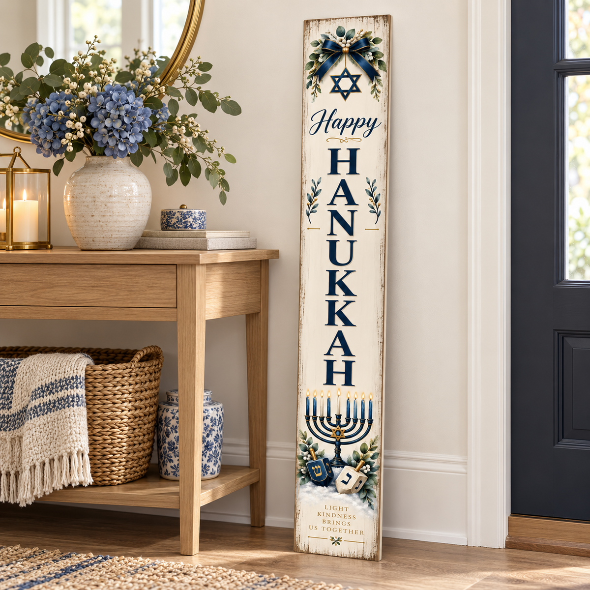 Happy Hanukkah – Menorah and Dreidels porch board entryway lifestyle