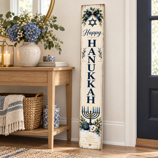 Happy Hanukkah – Menorah and Dreidels porch board entryway lifestyle