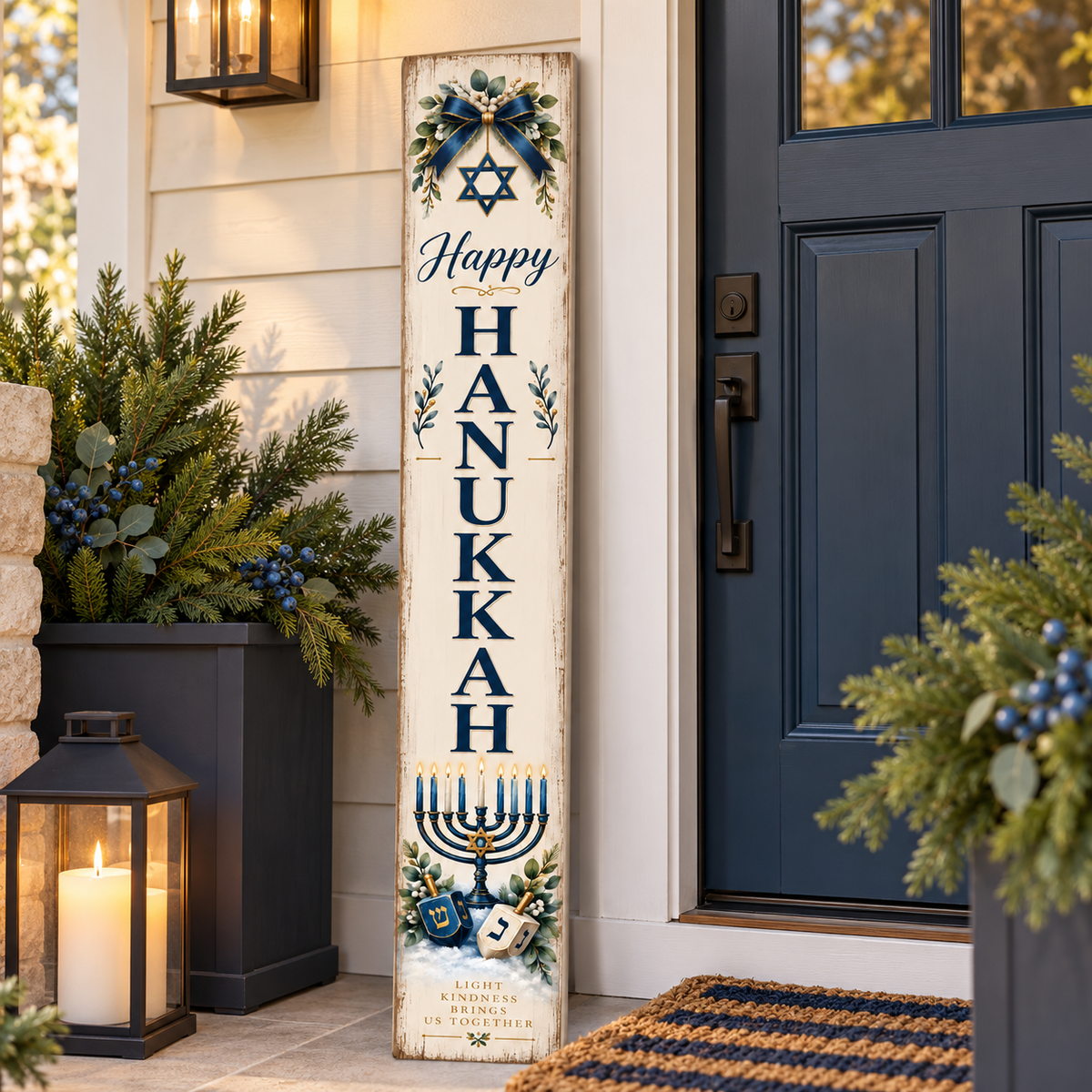 Happy Hanukkah – Menorah and Dreidels porch board porch lifestyle
