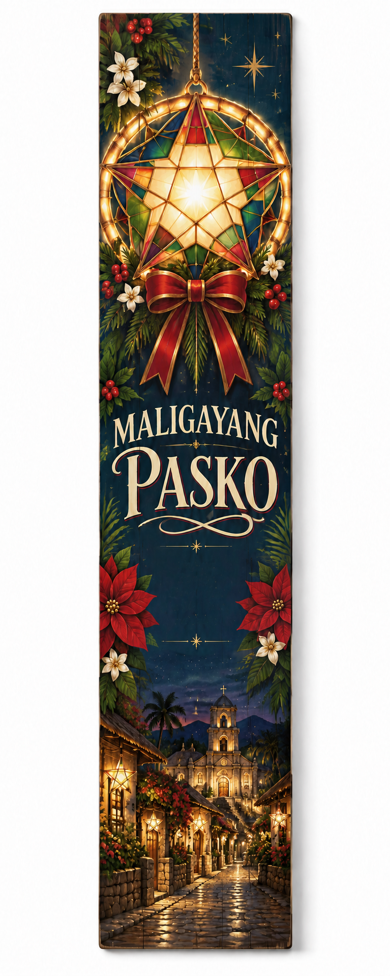 Maligayang Pasko Filipino Christmas porch board — white background, corrected design without secondary paragraph