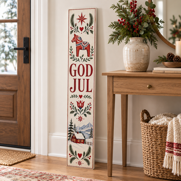 God Jul – Swedish Dala Horse Christmas porch board entryway lifestyle