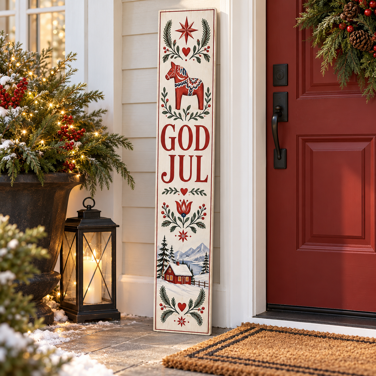 God Jul – Swedish Dala Horse Christmas porch board porch lifestyle