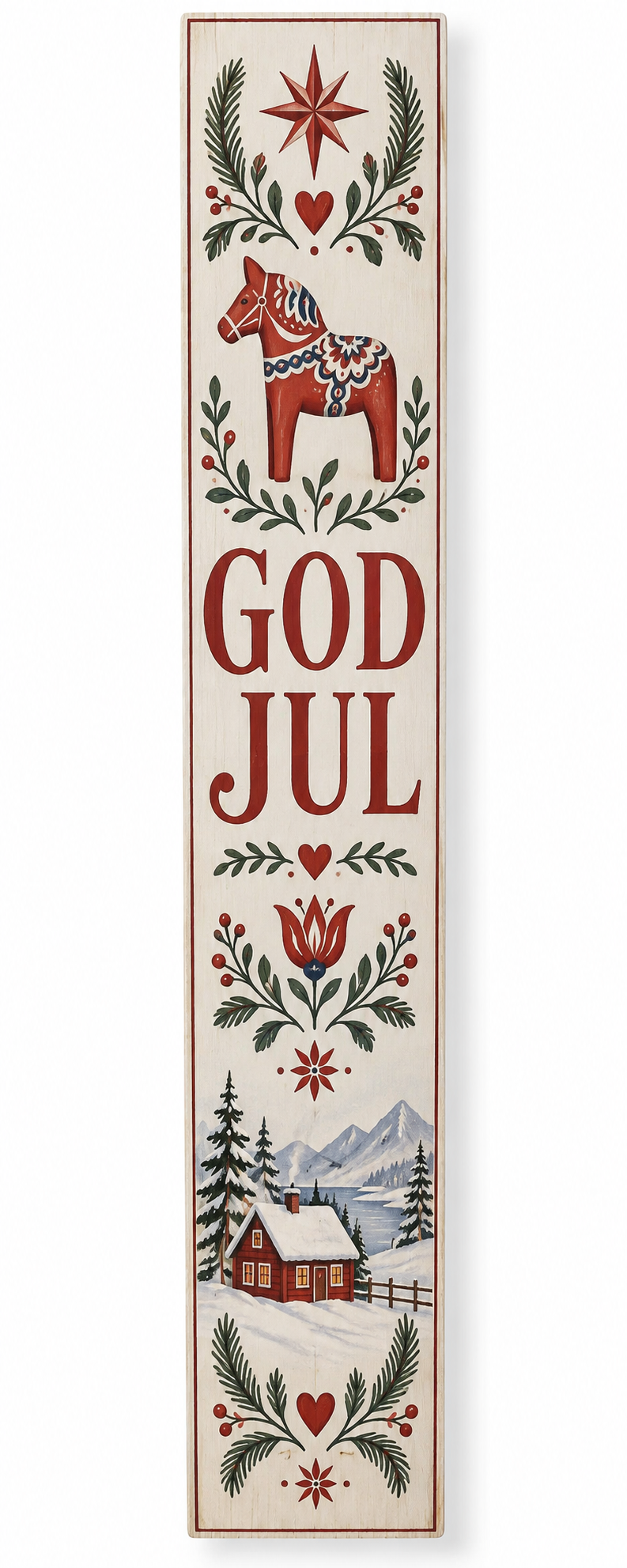 God Jul – Swedish Dala Horse Christmas PVC porch board on white background