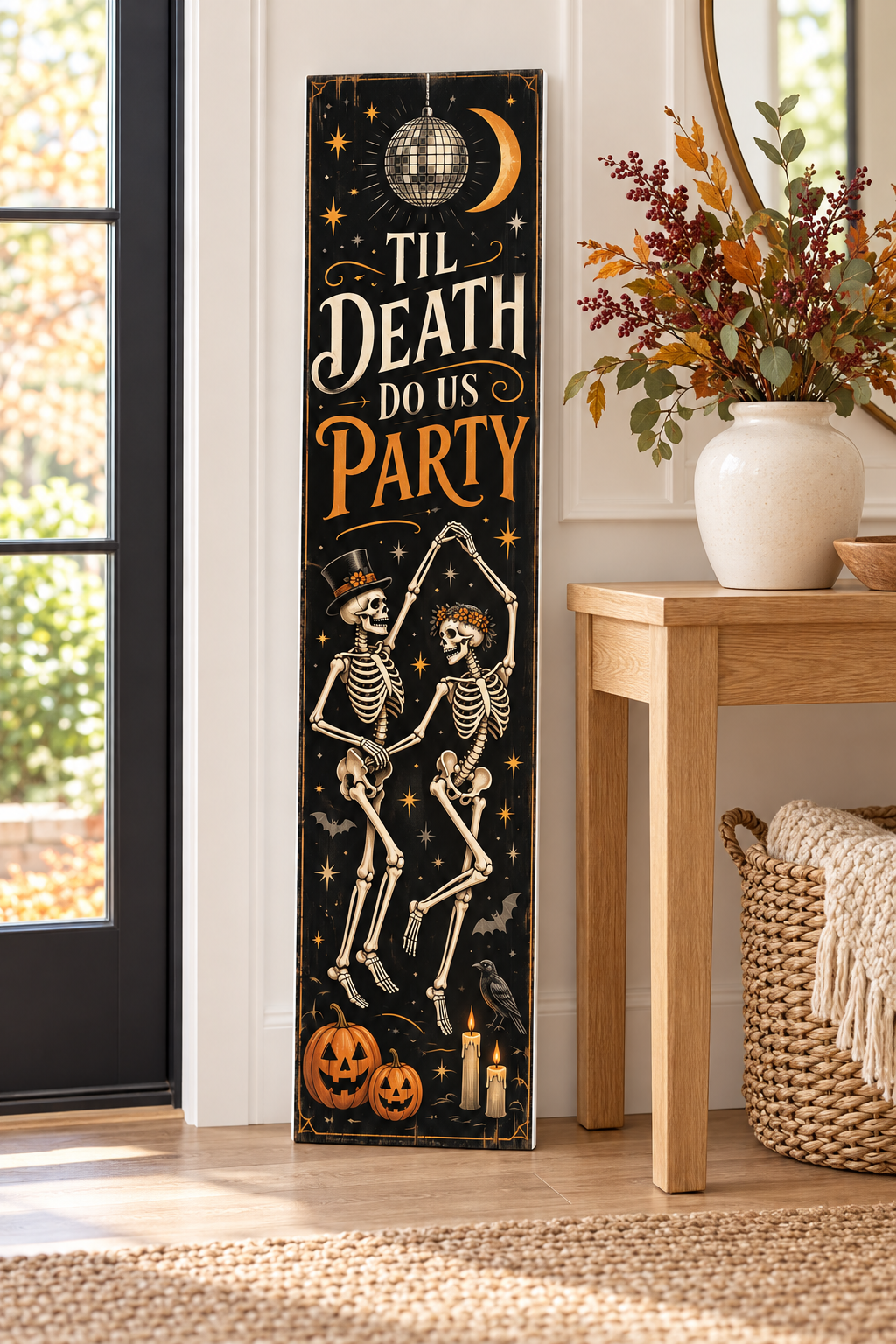 Til Death Do Us Party Dancing Skeletons porch board entryway lifestyle