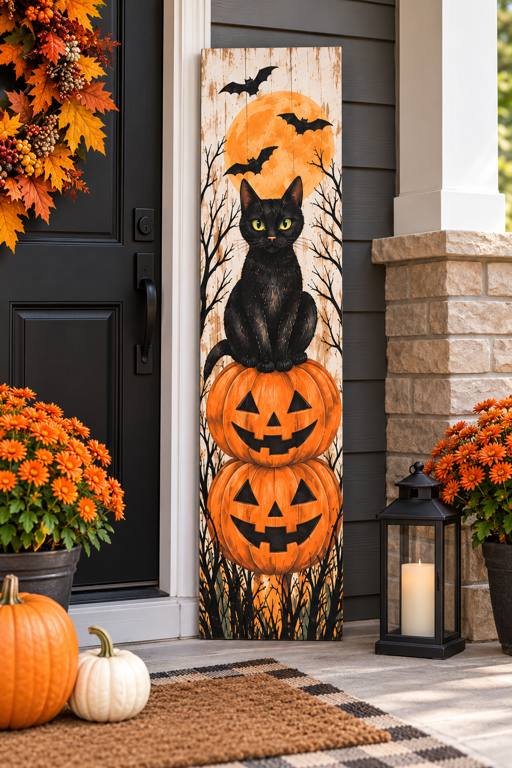 Black Cat and Stacked Pumpkins Halloween porch board porch lifestyle