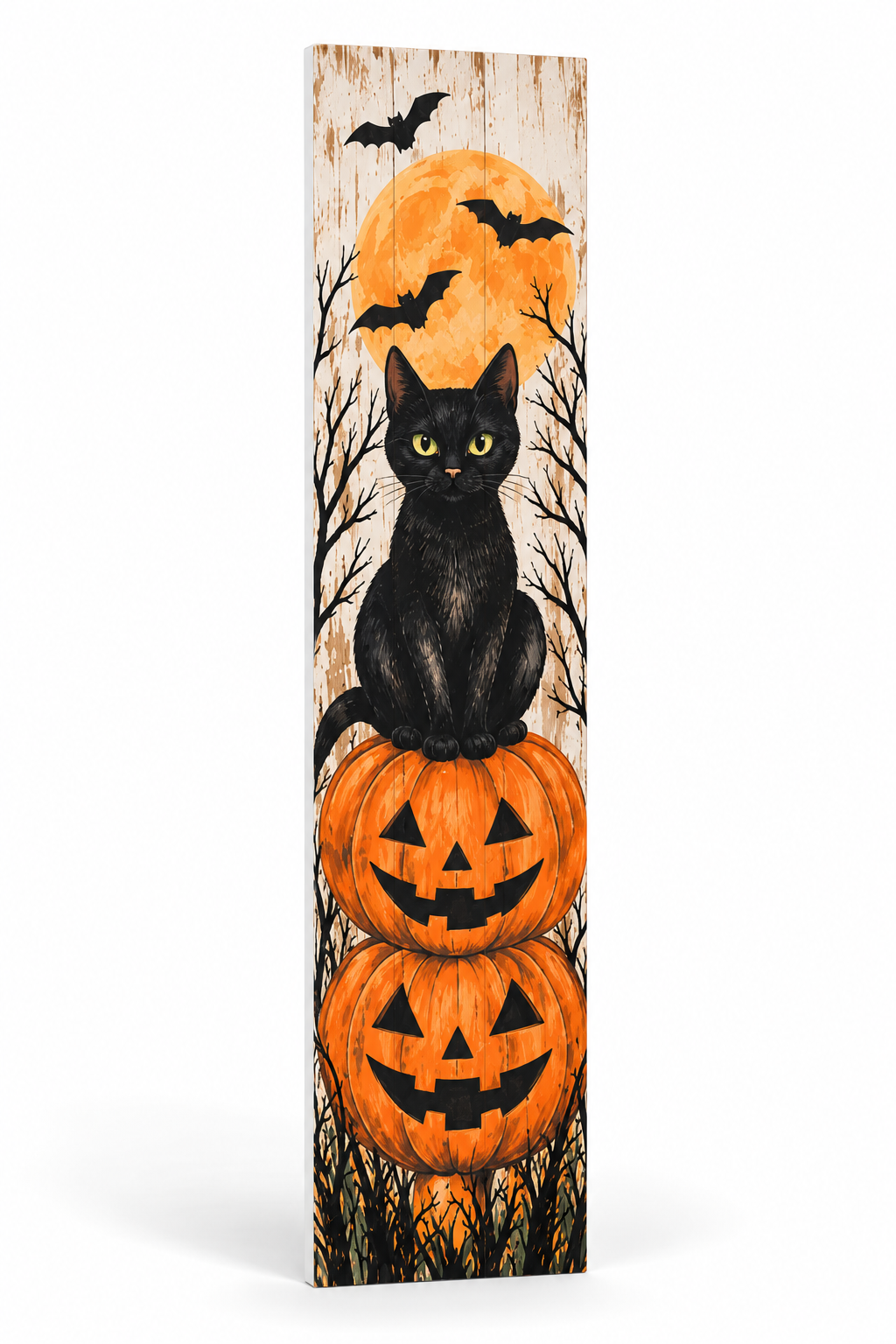Black Cat and Stacked Pumpkins Halloween PVC porch board