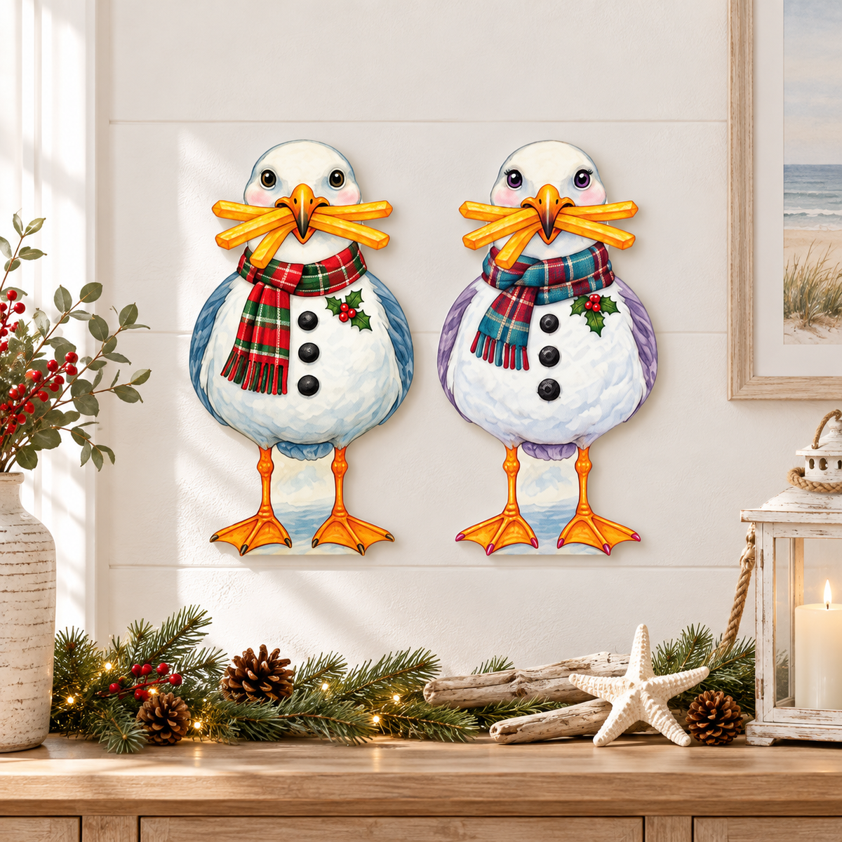 Snowman Beach and Coastal Yard Sign, Set of 2, 12 Inch PVC Sully and Sally Seagulls