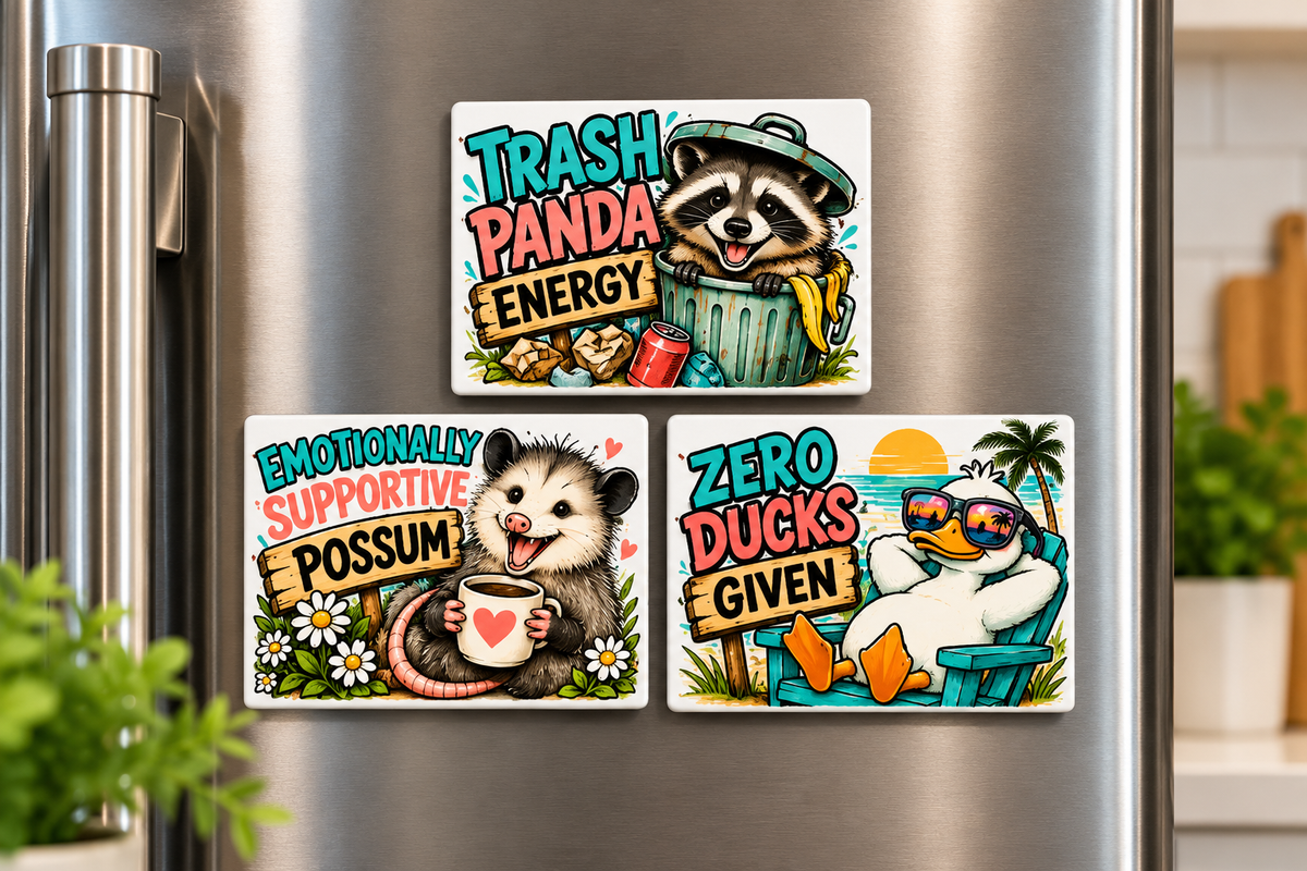 Cute but Feral Funny Animal Magnets – Set of 3 | Raccoon, Possum & Duck