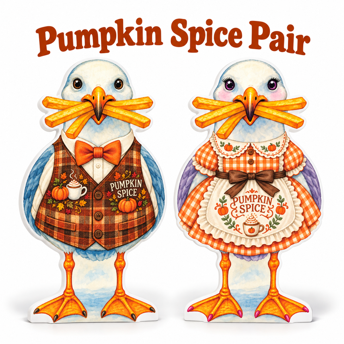 Pumpkin Spice Fall Decor, Set of 2, Coastal Beach Yard Signs, 12 Inch PVC Sully and Sally Seagulls