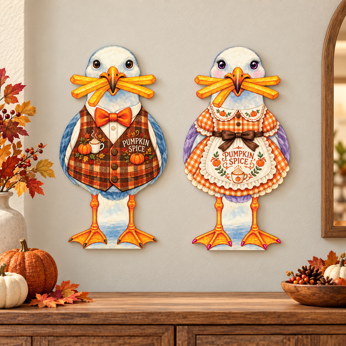 Pumpkin Spice Fall Decor, Set of 2, Coastal Beach Yard Signs, 12 Inch PVC Sully and Sally Seagulls