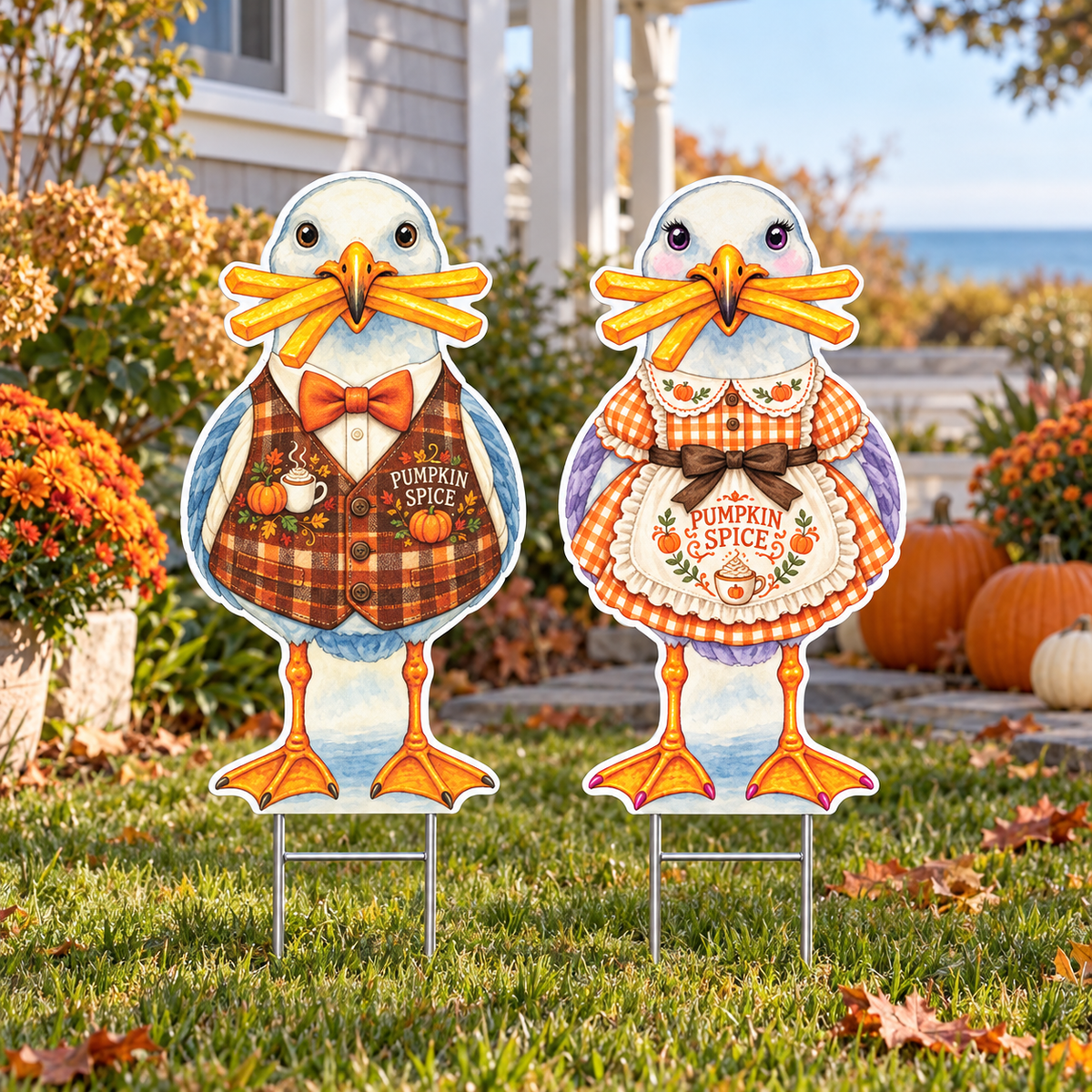 Pumpkin Spice Fall Decor, Set of 2, Coastal Beach Yard Signs, 12 Inch PVC Sully and Sally Seagulls