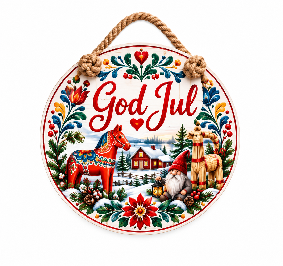 God Jul Swedish Christmas Door Hanger – Dala Horse Scandinavian Heritage Round PVC Sign