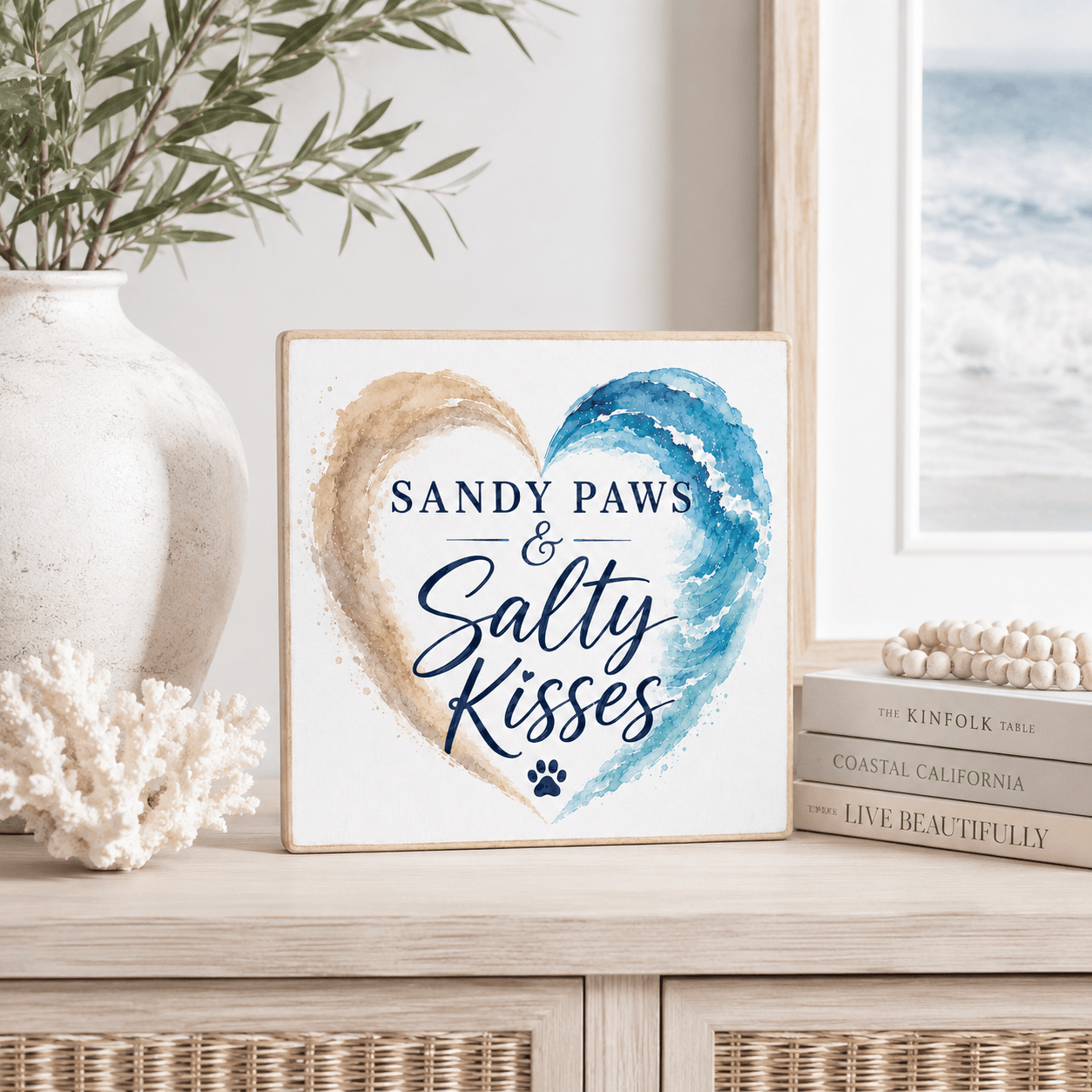 A square decorative sign with a light wood frame sits on a light wood cabinet. The sign features a heart-shaped watercolor design in beige and blue with the text 'SANDY PAWS & Salty Kisses' and a small paw print.