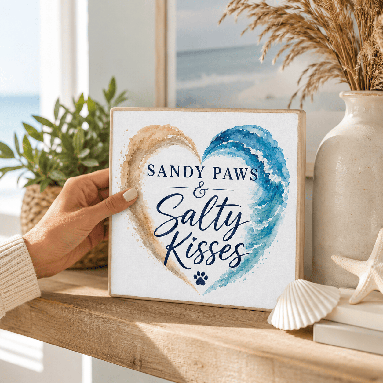 A hand holds a square wooden sign with a heart-shaped shell and wave design, featuring the text 'Sandy Paws & Salty Kisses' and a small paw print. The sign is styled on a wooden shelf with a vase, dried grass, a seashell, and a starfish, with a blurred beach scene in the background.