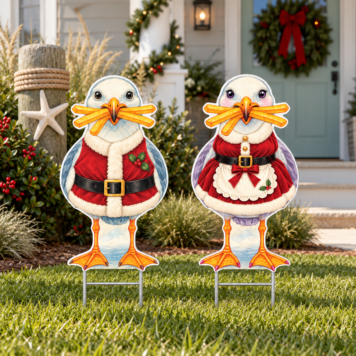 Santa and Mrs Clause, Beach House Yard Decor, Sally & Sully pair, Coastal 12 Inch Premium PVC