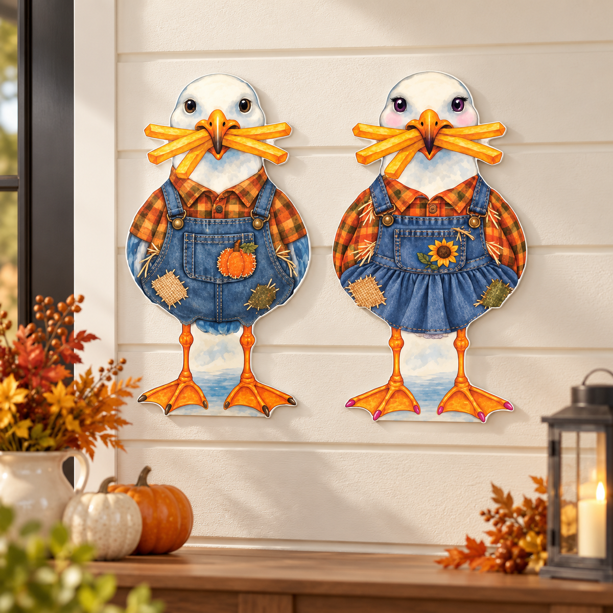 Scarecrow Coastal Yard Signs, Set of 2, Beach House Decor, 12 Inch PVC Sully Sally