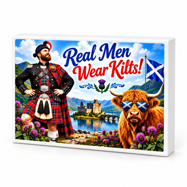 Scottish Fun – Real Men Wear Kilts! – Highland Cow – Magnet & Mini Sign – Stocking Stuffer