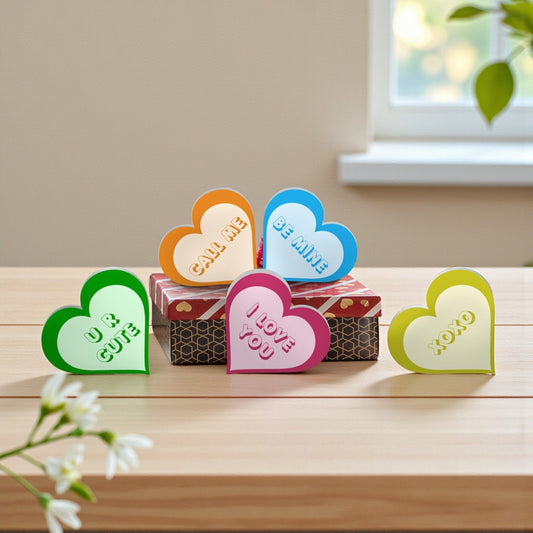 Valentine’s Day Decorations – 5-Piece Conversation Candy Heart Decor, 4 Inch Wooden Hearts with Funny Sayings for Mantel, Shelf and Tabletop
