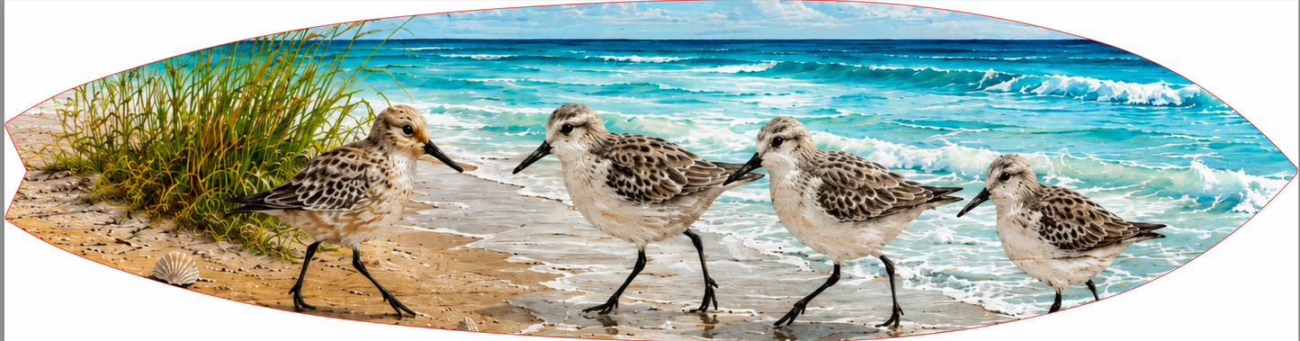 Shorebird Surfboard Wall Art – Beach House Decor with Sandpipers, Surfboard Sign, Weather Resistant PVC Indoor Outdoor