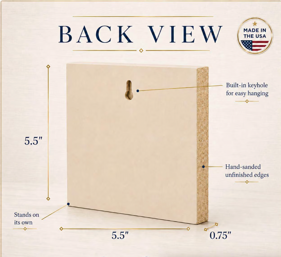Back view of 5.5-inch wood block sign showing keyhole hanger, unfinished edges, and 0.75-inch depth