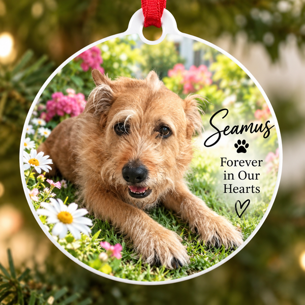 Personalized Dog Memorial Photo Ornament with Name and Dates, Pet Loss Gift, Forever in Our Hearts Keepsake