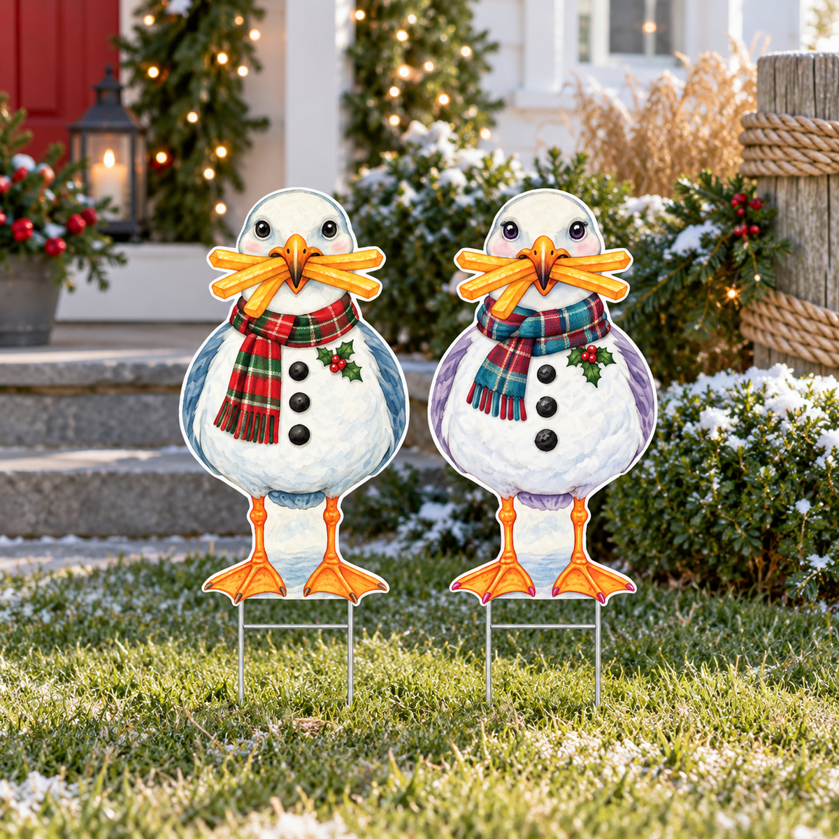 Snowman Beach and Coastal Yard Sign, Set of 2, 12 Inch PVC Sully and Sally Seagulls
