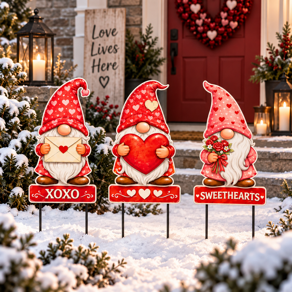 Premium Valentine Gnome Yard Sign – Set of 3 | Heavy-Duty PVC Outdoor Decor | 12” Tall + Metal Stakes | Reusable Year After Year