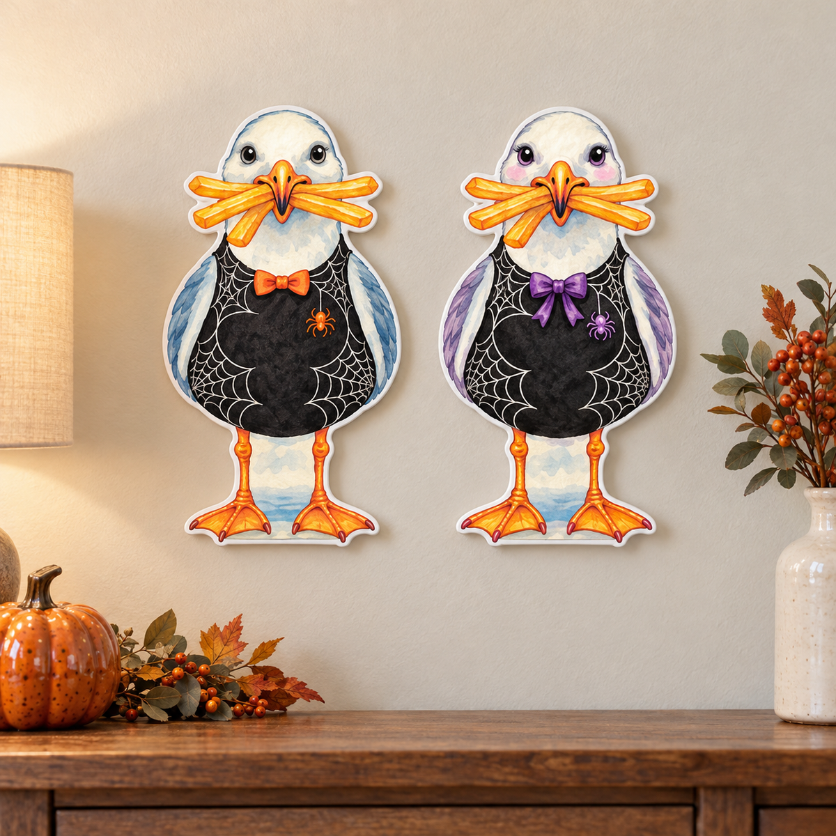 Spiderweb Coastal Beach Decorations and Yard Signs, Set of 2, Fall and Halloween, 12 Inch PVC Sully & Sally