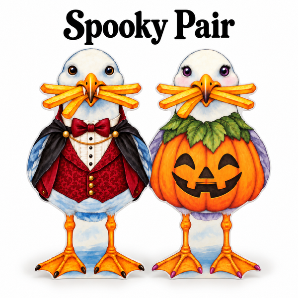 Halloween Seagull Garden Stakes Set of 2, Vampire and Pumpkin Costume Seagulls, Coastal Halloween Yard Decor