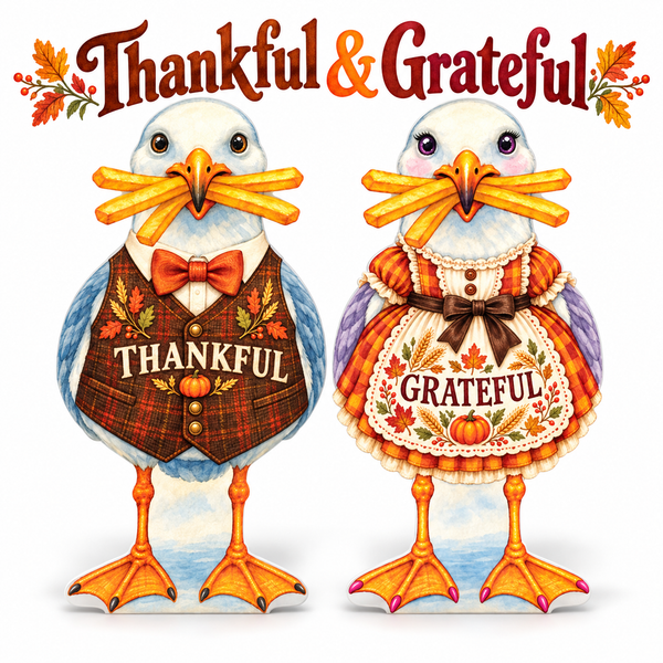 Coastal Thanksgiving Decor, Set of 2, Beach Fall, 12 Inch PVC Sully and Sally Seagulls