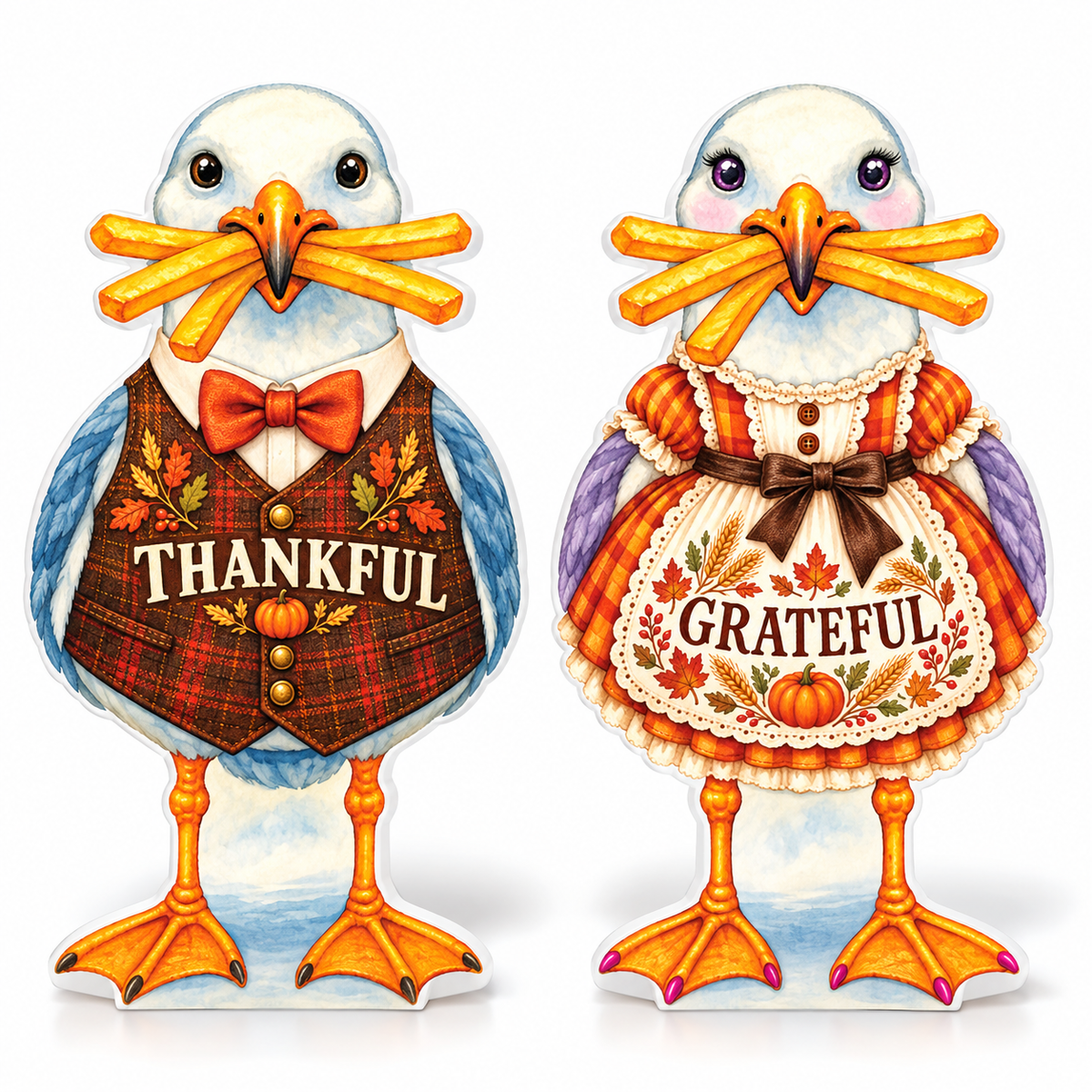 Coastal Thanksgiving Decor, Set of 2, Beach Fall, 12 Inch PVC Sully and Sally Seagulls