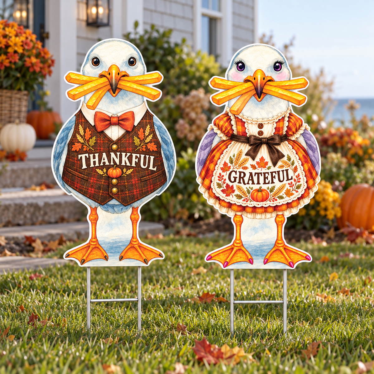 Coastal Thanksgiving Decor, Set of 2, Beach Fall, 12 Inch PVC Sully and Sally Seagulls