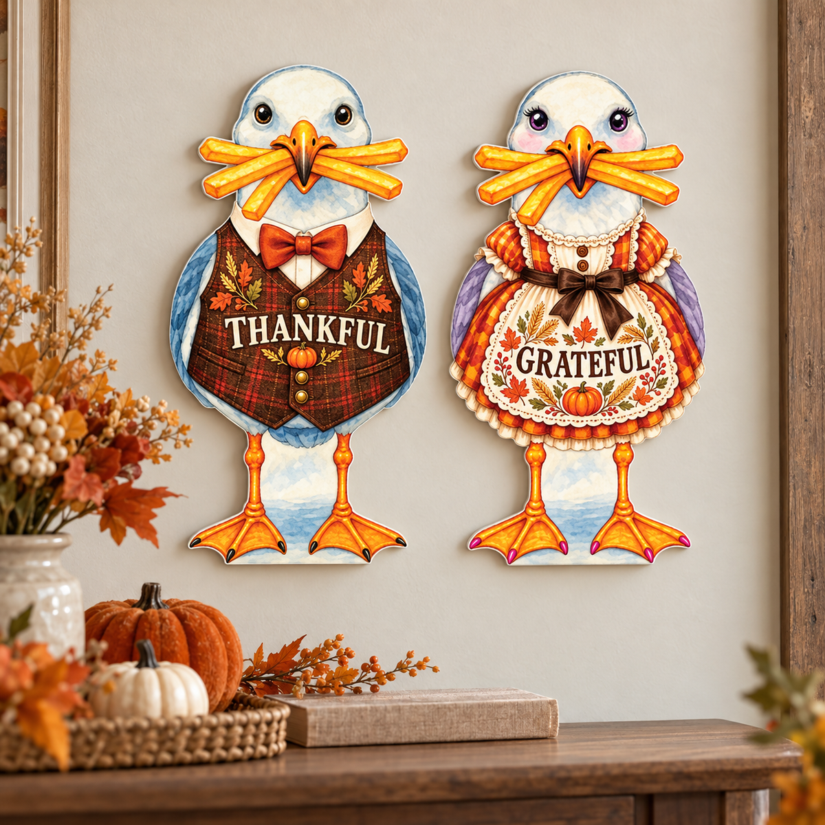 Coastal Thanksgiving Decor, Set of 2, Beach Fall, 12 Inch PVC Sully and Sally Seagulls