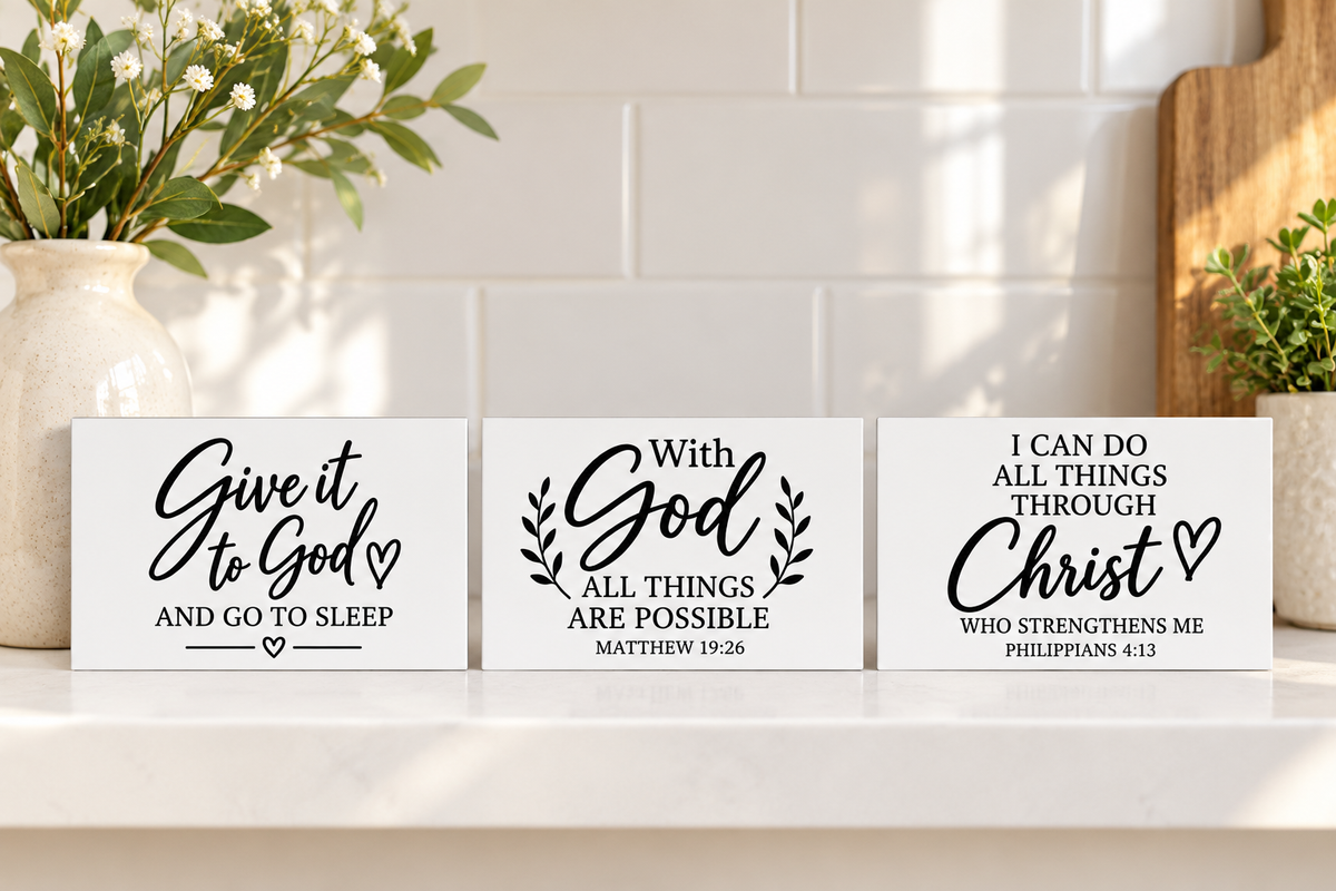Christian Faith Magnet and Mini Sign Bundle Set of 3 – Black and White Scripture Sayings