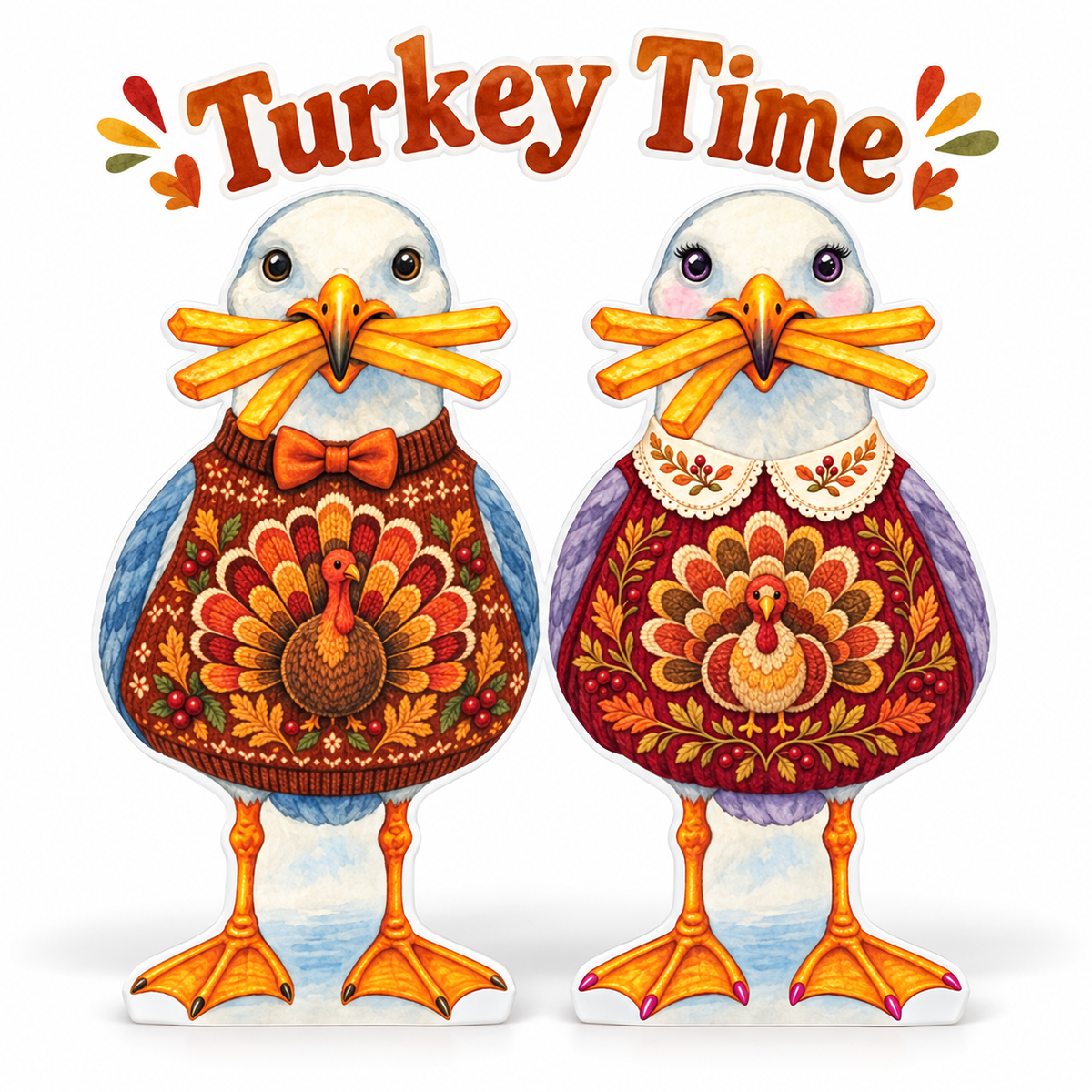 Thanksgiving Turkey Beach Decor, Set of 2, Coastal Yard Signs, 12 Inch PVC Sully & Sally Seagulls