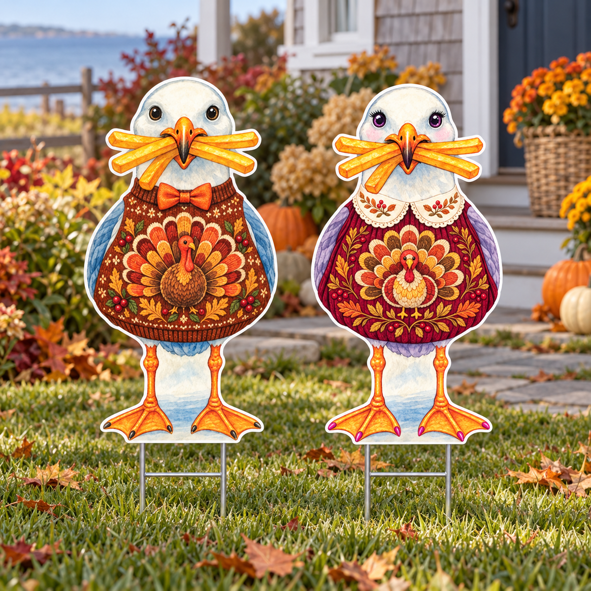 Thanksgiving Turkey Beach Decor, Set of 2, Coastal Yard Signs, 12 Inch PVC Sully & Sally Seagulls