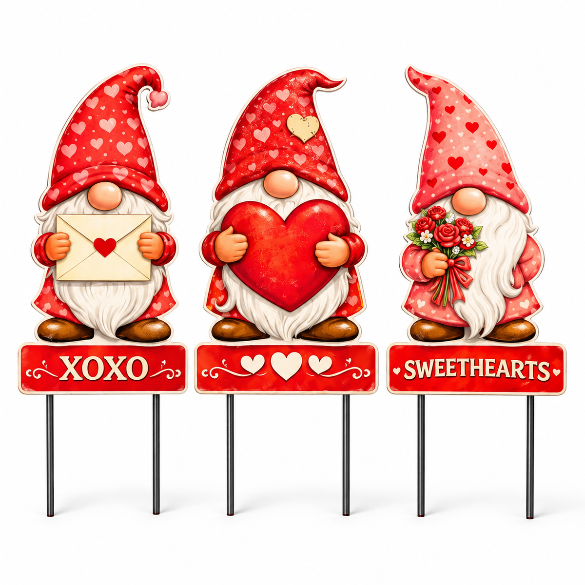 Premium Valentine Gnome Yard Sign – Set of 3 | Heavy-Duty PVC Outdoor Decor | 12” Tall + Metal Stakes | Reusable Year After Year