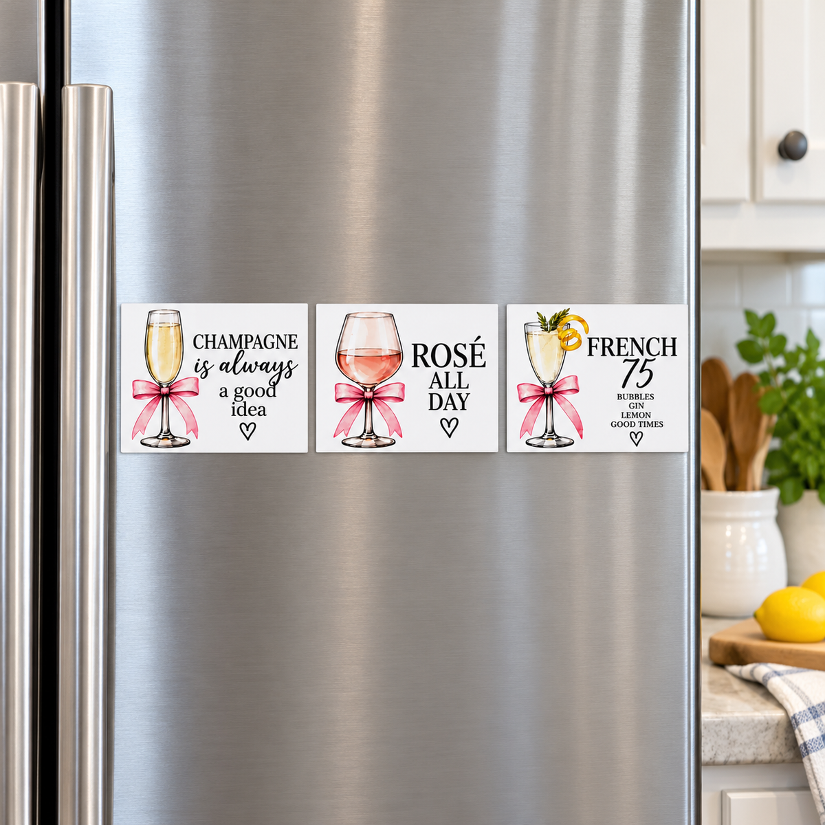 Minimalist Cocktail Magnets Set of 3 – Champagne Rosé French 75 | Chic Girls Gift