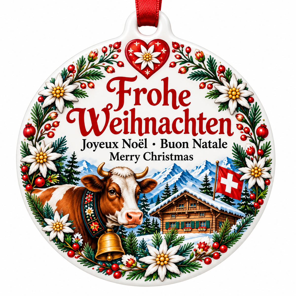 Switzerland Heritage Christmas Ornament - Frohe Weihnachten PVC Keepsake