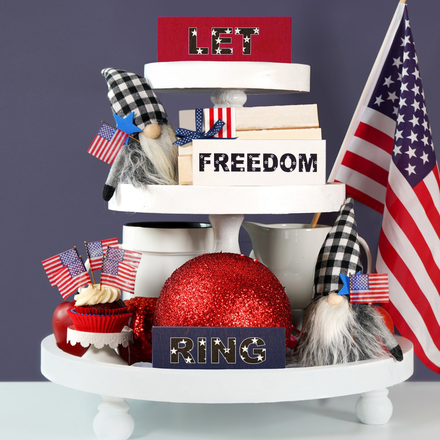 JennyGems Let Freedom Ring Wooden Block Signs 3pc, Patriotic Tiered Tray Decor, 4th of July Decorations, Memorial Day, Red White Blue, Made in USA