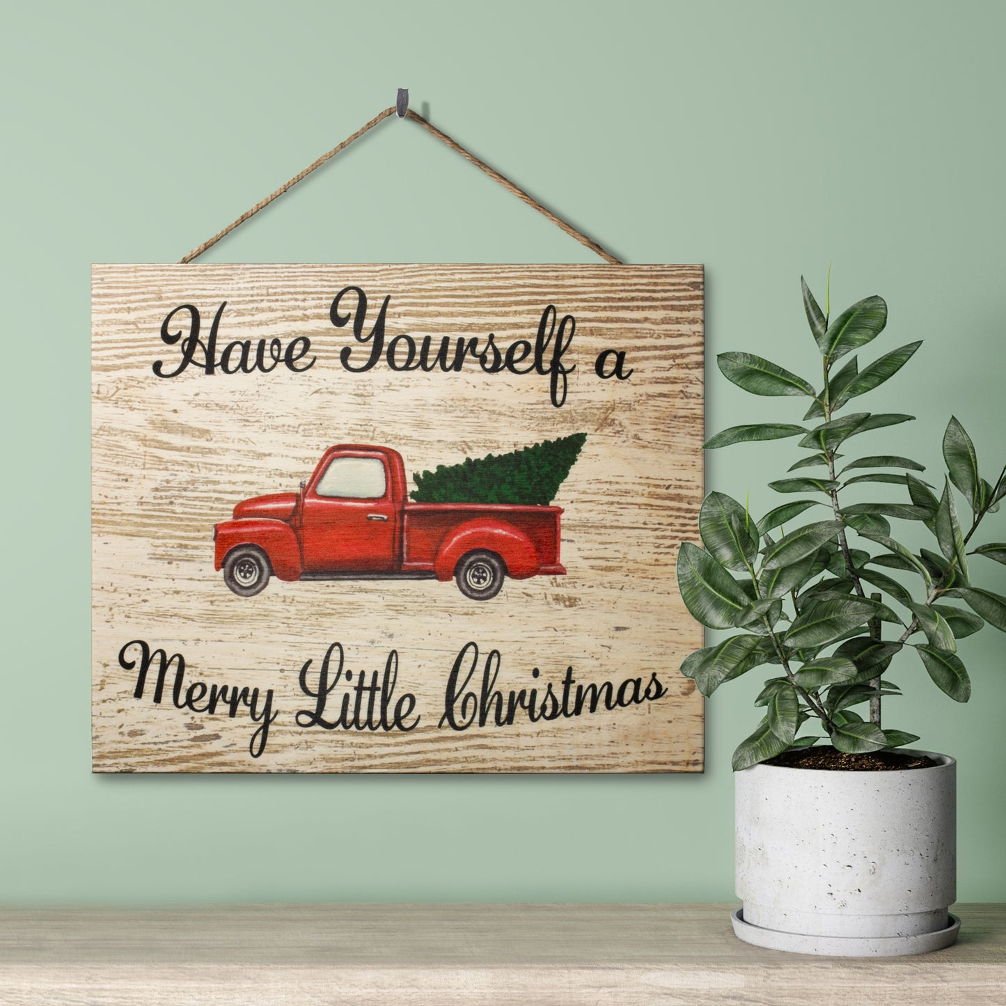 Vintage Red Truck with Christmas Tree Decor, Real Wood, 10x12 Inch, Christmas Sign, Made in USA