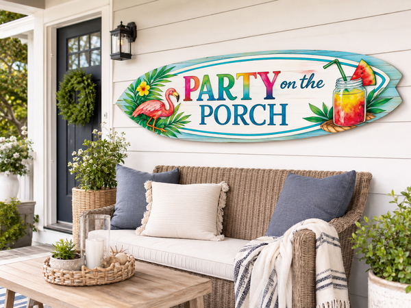 Party on the Porch Surfboard Wall Art – Indoor Outdoor PVC Porch Decor, Tropical Patio Sign, Flamingo Summer Decor