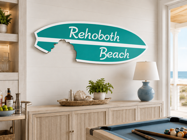 Rehoboth Beach Surfboard Sign - Coastal Beach House Decor, Weatherproof PVC Wall Art