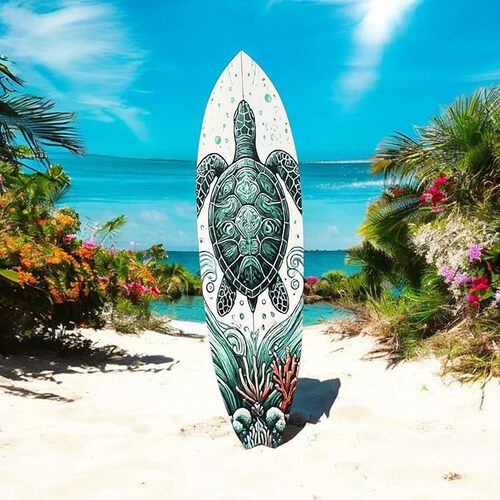 Decorative Outdoor Turtle Surfboard Wall Art, PVC, Weather Resistant, 5 Foot