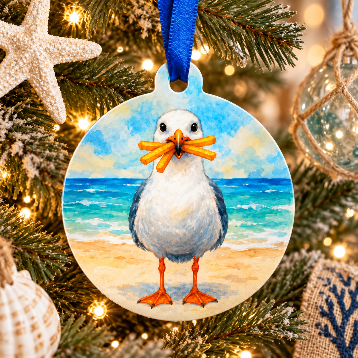 Seagull with French Fries Ornament: Coastal Christmas Tree Decoration
