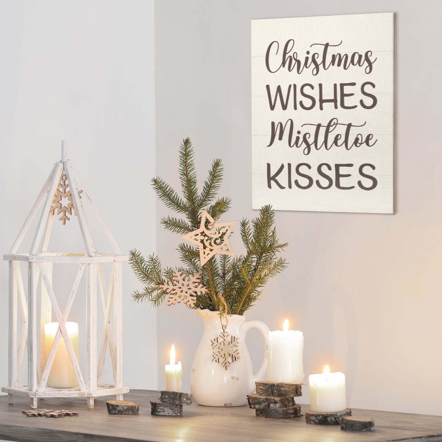 Christmas Wishes Mistletoe Kisses, 7.25x6 Inch Wood Sign, Christmas Decorations, Christmas Gifts, American Made