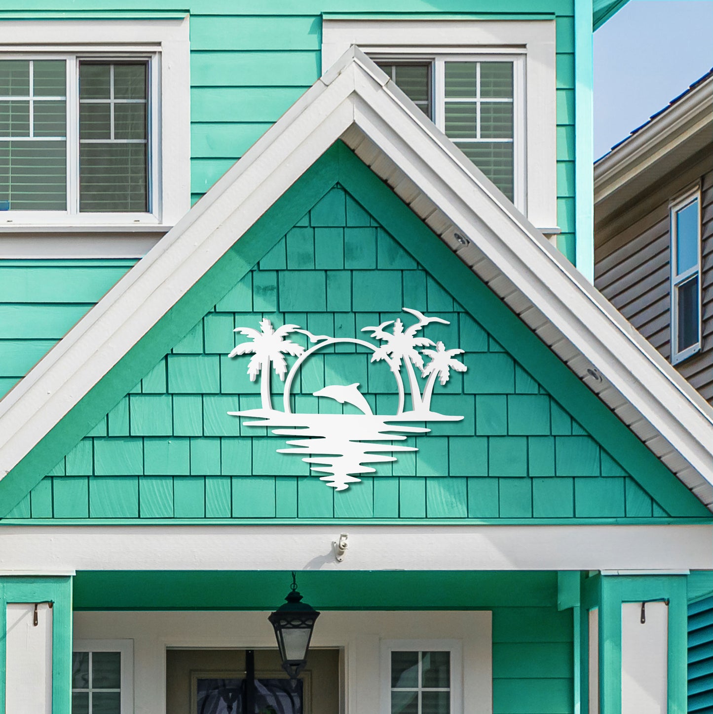 Outdoor Dolphin Wall Art, Coastal Wall Decor for Beach House, White PVC Dolphin Sign with Palm Trees Sunset, 2 Foot